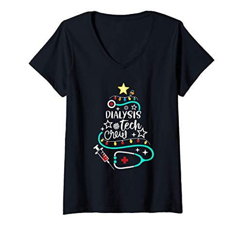 Womens Dialysis Tech Crew Merry Christmas Dialysis Technologist V-Neck T-Shirt