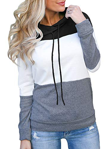 Topstype Womens Pullover Long Sleeve Fall Hoodies Color Block Tunics Loose Casual Sweatshirt Grey