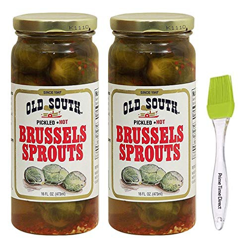 Old South Pickled Brussels Sprouts Hot 16 oz 2 Pack Bundled with PrimeTime Direct Silicone Basting Brush in a PTD Sealed Bag