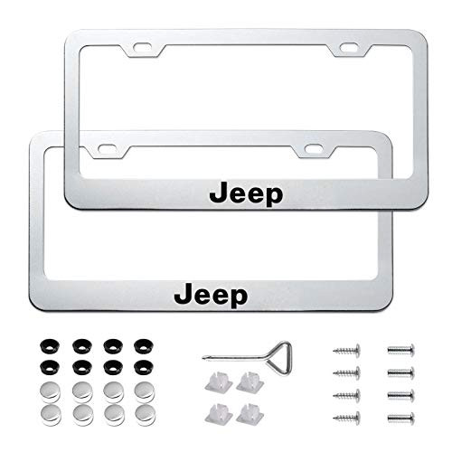 Kacichi 2 Pcs Silver License Plate Cover for Jeep Grand Cherokee Wrangler Compass Cherokee Renegade Patriot Grand Comander AccessoriesPremium Aluminum Car License Plate Frame