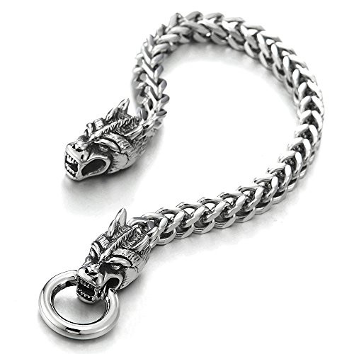 COOLSTEELANDBEYOND Biker Mens Steel Dragon Head Square Franco Link Curb Chain Bracelet with Spring Ring Clasp 8_7 Inch COOLSTEELANDBEYOND Biker Mens Steel Dragon Head Square Franco Link Curb Chain Bracelet with Spring Ring Clasp 8_7 Inch