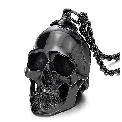 COOLSTEELANDBEYOND Large Stainless Steel Black Skull Pendant Necklace for Men High Polished with 30 Inches Wheat Chain