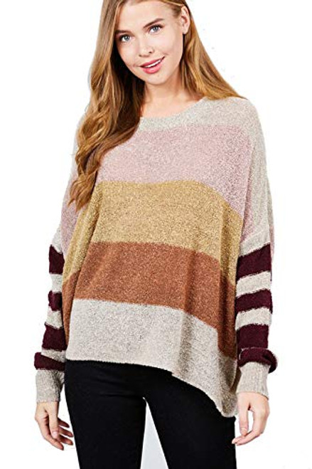 Womens Casual Crew Neck Color Block Stripe Oversized Lightweight Sweater Long Sleeve Knit Pullover Jumper Tops Oatmeal Medium