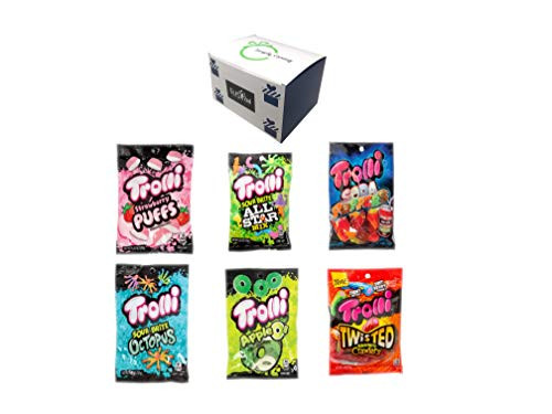 Trolli Gummy Candies - 6 Varietiy Packs Strawberry Pufs Twisted Sour Brite Crawlers Sour Brite All Star Gummy Apple Gummy Soda Poppers Mystery Night Crawlers in Fusion Select Gift Box