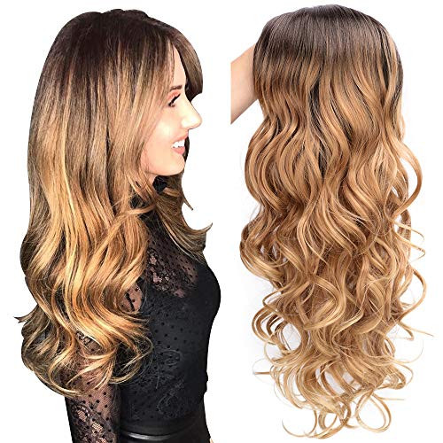 AISI QUEENS Long Curly Wavy Wigs for Women Ombre Brown Wigs Heat Resistant Synthetic Wig Natural Looking Party Wigs