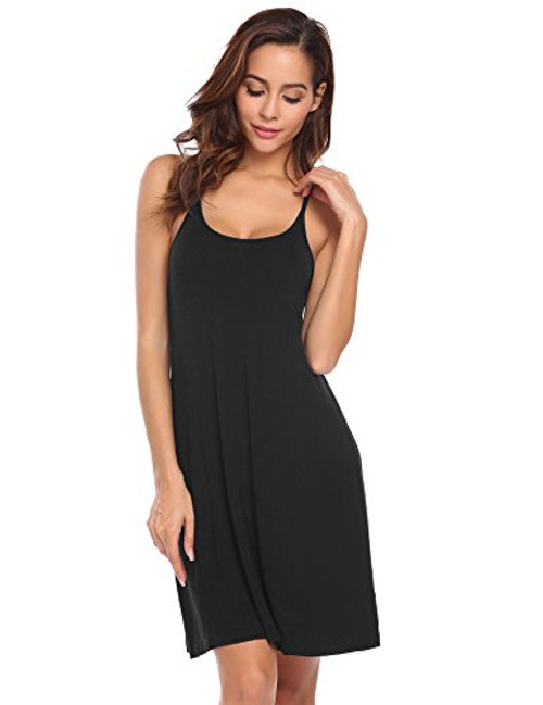 Ekouaer Women Nightgowns Spaghetti Strap Solid Nighties Sleeveless Sleepwear Dress Black Large