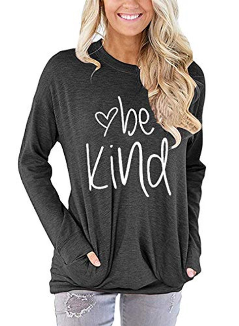 Akihoo Women Be Kind Sweatshirts Crew Neck Long Sleeves Casual T Shirts Pullover Tunics Tops with Pockets XL