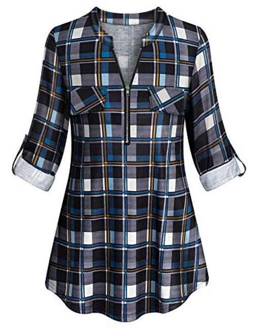 Zip Up BlouseTanst Womens Plaid Long Sleeve Shirts Notch V Neck 34 Roll Tab Sleeve Trendy Loose Fitting Casual Gingham Tunic with Fake Pocket Youth Novelty Loft Clothes Blue M