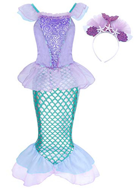 AmzBarley Outfit Princess Mermaid Costume for Girls Fancy Party Dresps up Kids Sequins Tails Clothes Halloween Holiday Coslay Outfit with Headband Size 65-6Years
