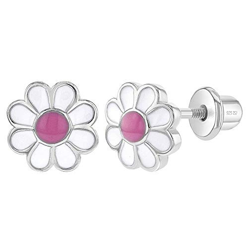 925 Sterling Silver Daisy 7mm White   Pink Enamel Girls Earrings with Safety Screw Back Lock Toddlers Young Girls and Pre Teens