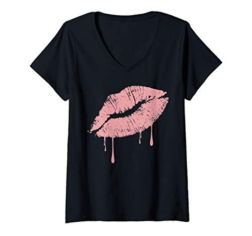 Womens Vintage Rose Lipstick Kiss Shirt - Hot 80s Drip Lips Costume V-Neck T-Shirt