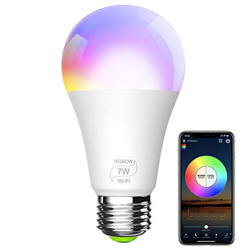 BERENNIS Smart Light Bulb RGBCW Wi-Fi LED Bulb 7W 500LM Dimmable Multicolored Lights No Hub Required Compatible with Alexa and Google Home