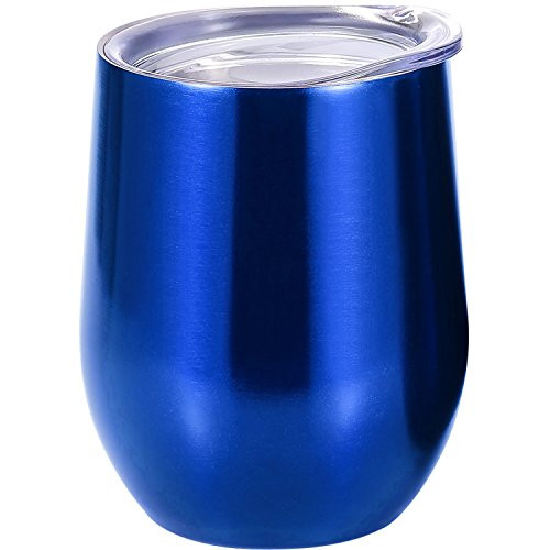 Skylety 12 oz Double-insulated Stemless Glass Wine Tumbler, Stainless Steel Tumbler Cup with Lids for Coffee, Drinks, Champagne, Cocktails (Transparent Blue)