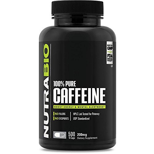 NutraBio 100 Pure Caffeine Anhydrous 500 Capsules 200mg