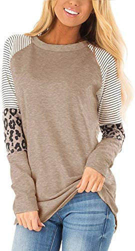 Charolin Womens Leopard Striped Color Block Tunic Top Casual Patchwork Long Sleeve T-Shirt Brown L