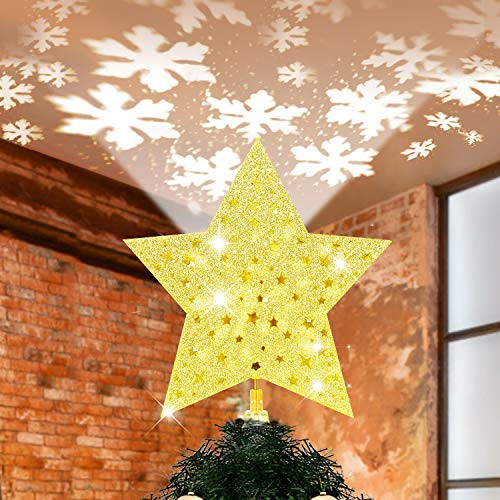 Yostyle Christmas Tree Topper Lighted Star Tree Topper with LED Rotating Snowflake Projector Lights3D Hollow Golden Star Snowflake Tree Topper for Xmas Tree Decorations