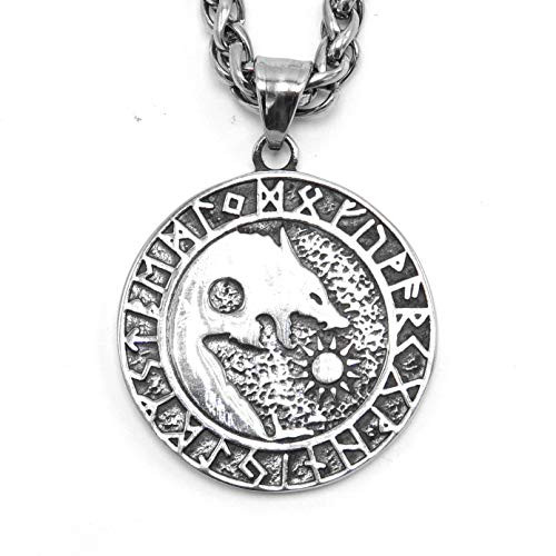 ENXICO Skoll and Hati Wolf with Rune Circle Pendant Necklace 316L Stainless Steel Nordic Scandinavian Viking Jewelry
