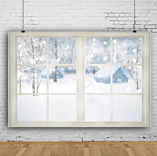 RBQOKJ 7x5ft Winter Snow Backdrop White Window Landscape Photography Background Xmas Frozen Snowy Scene Photo Backdrops for Holiday Party Shoot Video Studio Prop