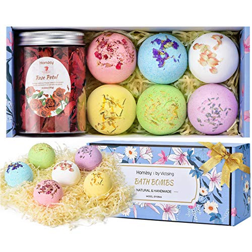 Homasy Bath Bombs   Dried Rose Petals 6 Pcs Bubble Bath Bomb Gift Set for Women Fizzies SPA Bath Birthday Valentines Christmas Gifts for Kids Girls Mom