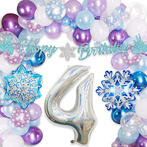 Frozen 4th Birthday Party Supplies Girls 4th Birthday Decorations Frozen Snowflake Balloon Garland Arch Kit Ice Princess Party Blue White Purple