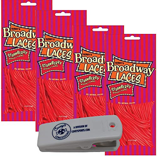 Broadway Strawberry Licorice Laces Candy - Strawberry 4-Pack - 4 oz_ Bags Bundled with Coveys Concessions Snack Bag Clip Broadway Strawberry Licorice Laces Candy - Strawberry 4-Pack - 4 oz_ Bags Bundled with Coveys Concessions Snack Bag Clip