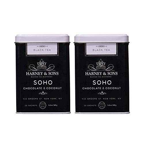 Harney   Sons Chocolate Coconut Tea Tin 20 Sachets 1_4 oz ea Two Pack - Soho Black Tea Blend with Chocolate Coconut and Vanilla with Amaranth Petals - 2 Pack 20ct Sachet Tins 40 Sachets