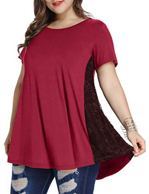 LARACE Women Lace Tunic Top Short Sleeve Flare T Shirt for LeggingsM Wine Red LARACE Women Lace Tunic Top Short Sleeve Flare T Shirt for LeggingsM Wine Red