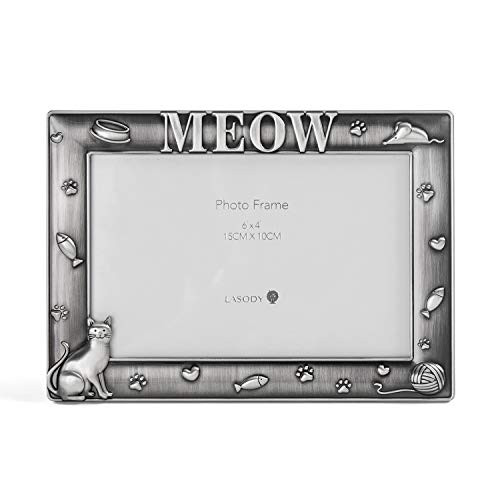 LASODY Zinc Alloy Sentiments Cat Picture Frame Meow Picture Frame4x6 inch Photo Gift for Pet Cat Kitten Display on Tabletop Desk Antique Silver 4x6