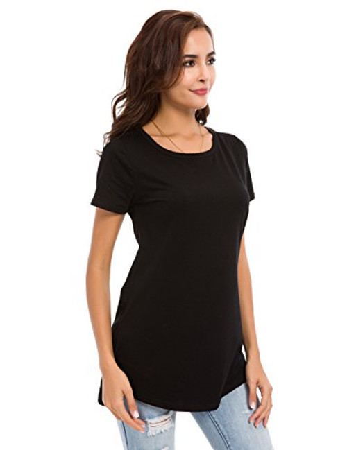 Womens Cotton T-Shirts Short Sleeve Loose Comfy Basic Plain Tunic Tee Black X-Large