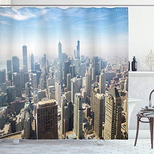 Ambesonne Cityscape Shower Curtain Aerial View of Chicago USA Tall Buildings Contemporary Architecture Skyscrapers Cloth Fabric Bathroom Decor Set with Hooks 70 Long Blue Grey