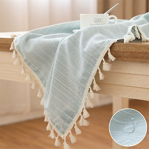 LUCKYHOUSEHOME Green and White Stripe Tassel Tablecloth Waterproof Rural Square Home Kitchen Dinning Tabletop Table Cover 55 x 55 Inch