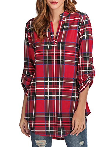 St_ Jubileens Women Roll-Up 34 Sleeve Plaid Shirt Tunic V Neck Casual Pullover Blouses Tops XL Classic Red