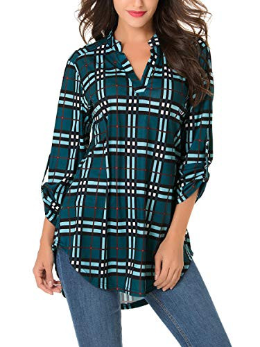 St_ Jubileens Women Roll-Up 34 Sleeve Plaid Shirt Tunic V Neck Casual Pullover Blouses Tops Large Dark Green