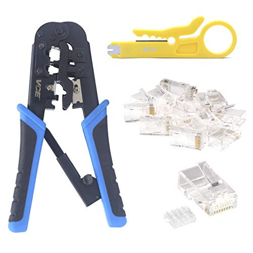 VCE RJ45 RJ11 RJ12 Ethernet Crimping Tool and Crimper Cutter Stripper and 50x Cat6 Cat5 Cat5e Crystal Modular Plug