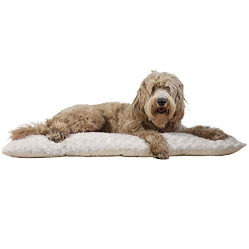 Furhaven Pet Dog Bed Kennel Pad - Ultra Plush Curly Faux Fur Crate or Kennel Mat Tufted Pillow Cushion Pet Bed for Dogs and Cats Latte Large