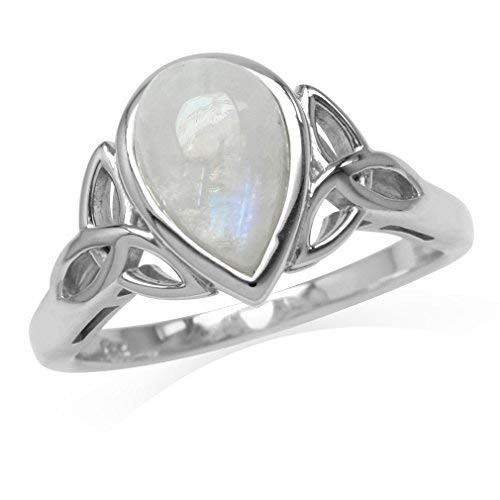 Silvershake 10X7mm Natural Pear Shape Moonstone White Gold Plated 925 Sterling Silver Triquetra Celtic Knot Ring Size 6_5