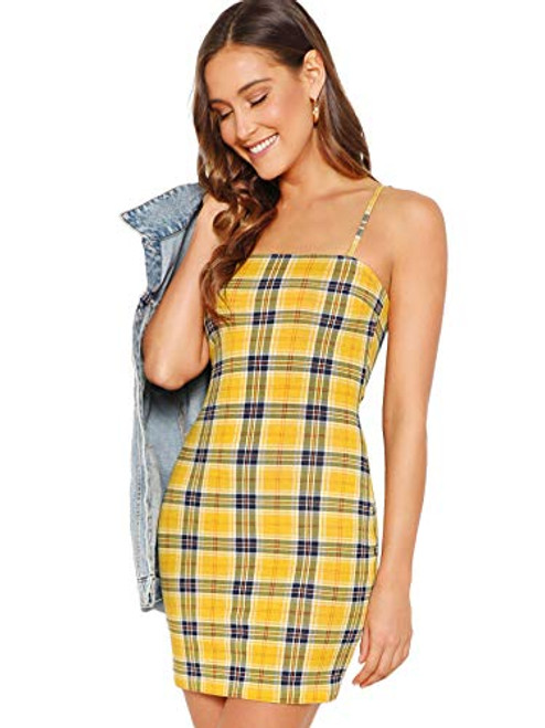 Floerns Womens Plaid Print Mini Cami Bodycon Dress A Yellow XL