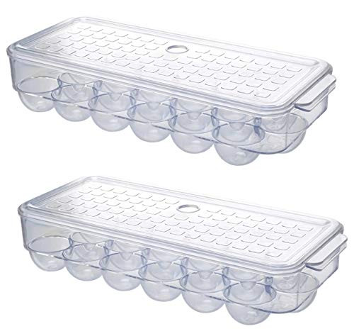 2 x18 Egg Plastic Egg Holder for Refrigerator BPA Free Egg Storage Container for Fridge Egg Organizer with Lid and Handle Clear