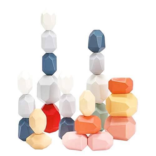 TITAKING Natural Wooden Blocks Colored Wooden Stones Stacking Game Educational Puzzle Toy Color7 24PCS