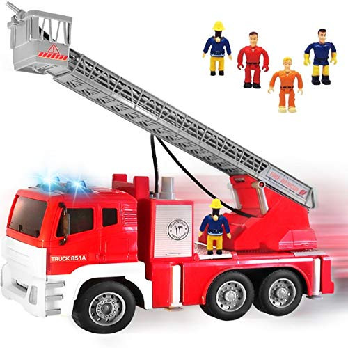 FUNERICA Interactive Fire Truck Featuring 5 Fireman with Water Hose on Extending Ladder Flashing Lights   6 Siren Sounds Friction Powered Fire Engine Best Toy for Kids   Toddlers Surprise Gift
