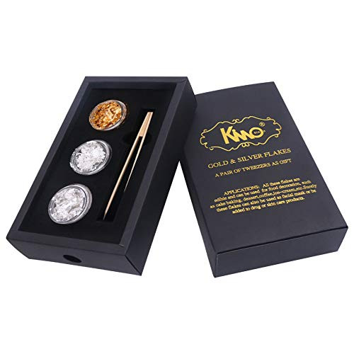 KINNO 24K Edible Gold Leaf Foil Sheets Flakes - Genuine Silver Leaf Foil Flakes-Tweezers Set for for Makeup Spa Crafts Gilding Art Bakery and Drink Cake Baking 2 Pure Sliver  1 Gold
