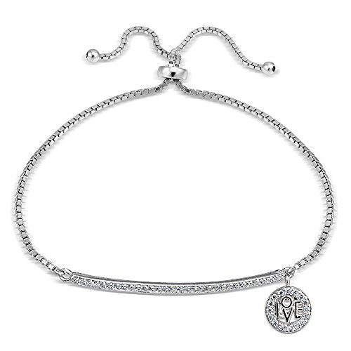 Hoops   Loops Sterling Silver Cubic Zirconia Love Charm Bar Adjustable Pullstring Bracelet