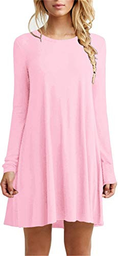Dresses for Women Casual Plain Simple Long Sleeve Tunics T-Shirt Loose PinkS