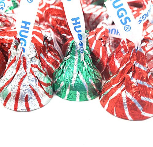 Christmas Candy Mix - Hersheys KISSES HUGS Milk Chocolate Green Red Silver Foil Bulk 2 Lbs