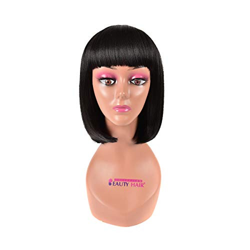 BHF HAIR Bob Wigs with Bangs Short Straight Black Wigs Yaki Synthetic Full Head Hair Wigs for Women Natural Looking Heat Resistant