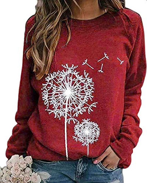 Womens Dandelion Sweatshirt Casual Crewneck Loose Pullover Tops Long Sleeve Graphic Fall Tee Shirt Red M