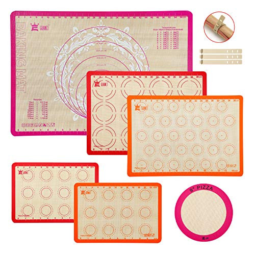 6-Piece Silicone Baking Mat SetGUANCI Large Pastry Mat 2-Rolling Macaron Baking Mat 2-Reusable Baking Mat 1-9Round Pizza Baking Mat for Bake Pans   Rolling - MacaroonPastryPizzaCookie Making
