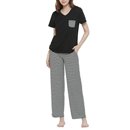 HEARTNICE Pajamas for Women Cotton Lightweight Short Sleeve Pajamas and Long Pajamas Bottom Soft Pjs Set SleepwearBlack 2XL