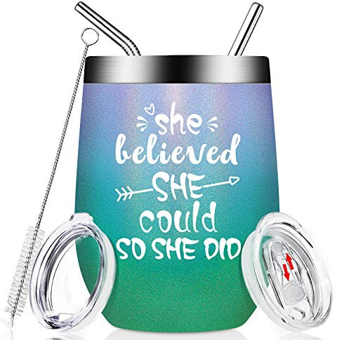 She Believed She Could So She Did - Graduation Gifts for Women Congratulations Inspirational Gifts for Women Her Job Change Birthday 12oz Wine Tumbler Mug with Lid and Straw