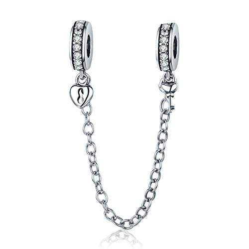 Heart Safety Chain Charm 925 Sterling Silver Beads fit Pandora Charms Bracelet   Necklace Heart   Key Safety Chain